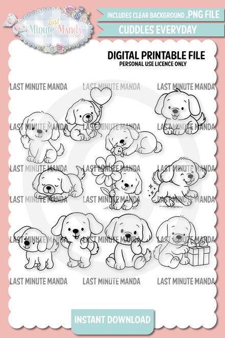 Cuddles the Puppy Everyday Clipart Bundle – 12 PNG Illustrations – Cute Digital Puppy Graphics for C