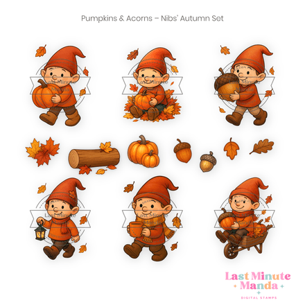 Pumpkins &amp; Acorns – Nibs Autumn Clipart Set | 13 Poses | Pumpkin Hug, Acorn Sit, Leaf Toss