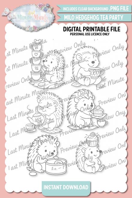 Milo the Hedgehog – Tea Party Time Digi Stamp Set | Cute Black and White PNGs for Personal Use