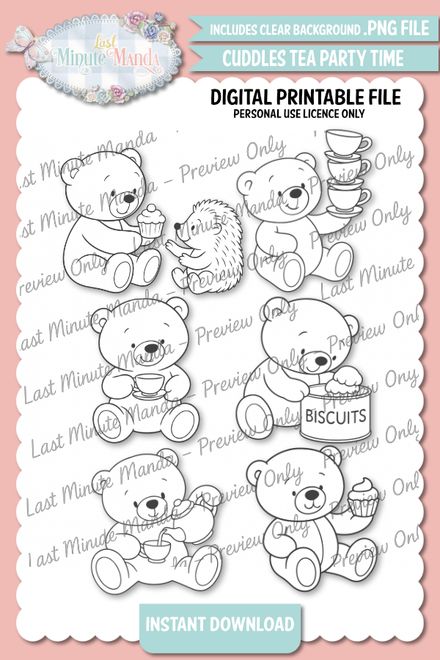 Biscuit the Bear – Tea Party Time Digi Stamp Set | Cute Black &amp; White PNGs for Cardmaking &amp; Crafts