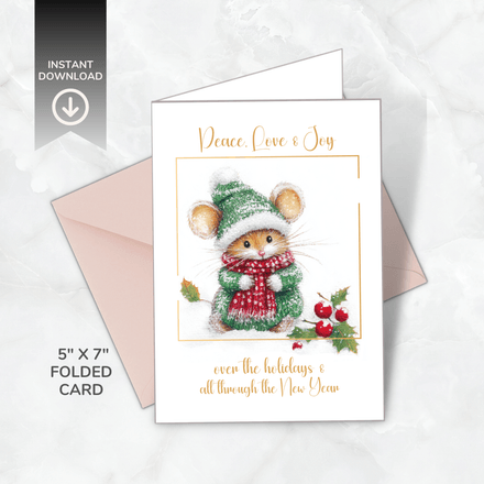 Printable Christmas Card – Cute Mouse in Winter Hat – Peace, Love &amp; Joy – A5 &amp; 5x7 Folded PDF + PNG 