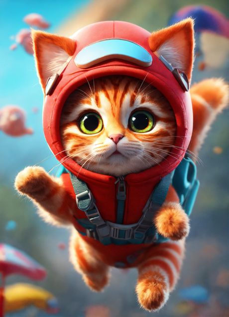 4D full body photo of a cute red little cat facing 