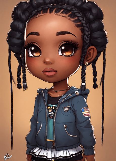Create for me a fabulous black chibi girl with almond-shaped eyes, soft skin, and an elegant braided