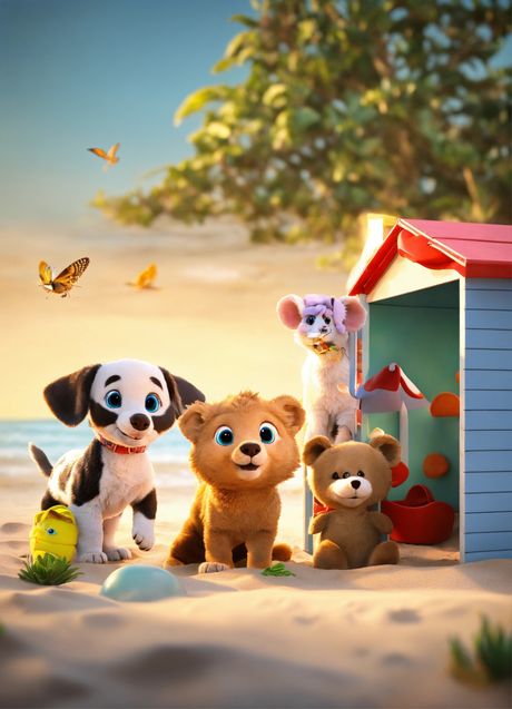 3D image of 4 little animals playing hide and seek on the beach.