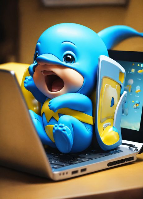 Superhero, baby dolphin, cartoons, 3d, beautiful scream, icon, yellow and blue, coming out of the la