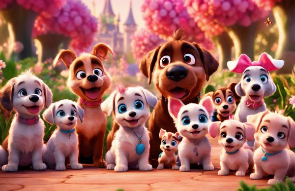 A poster of very happy little animals in 3D rendering, cinematic with many puppies in an enchanted g