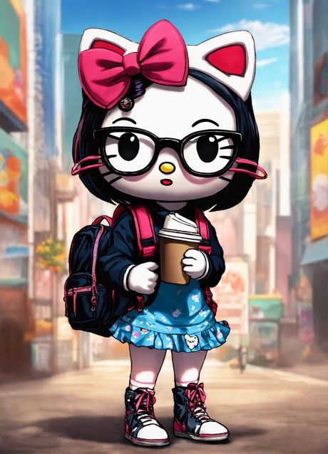 A full body portrait of a Hello Kitty holding