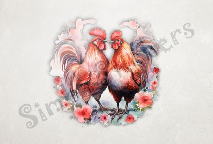 Rooster and hen chicken in love, flowers all around, watercolour