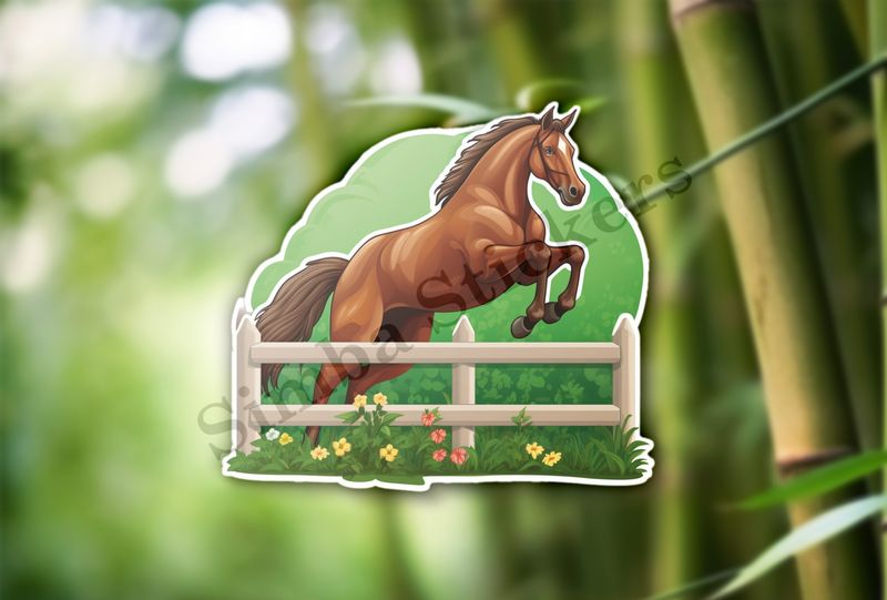 Brown horse jumping over a fence