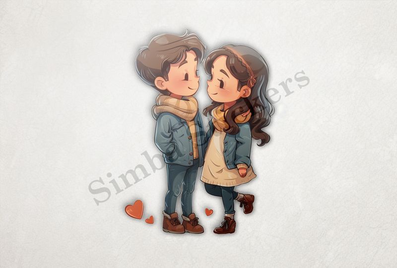 Boy and girl in love, in blue and brown clothes