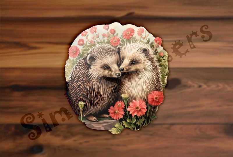 Porcupines in love cheek-to-cheek in love with flowers all around, watercolour