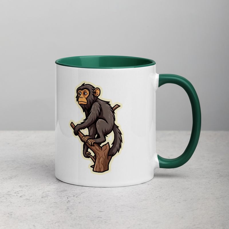 White Ceramic Mug with Color Inside, 11oz &amp; 15oz, Baboon on a tree, looking sad, head-to-head