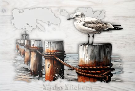 Seagulls perching on a wooden fence close to shore, watercolour, umpgms