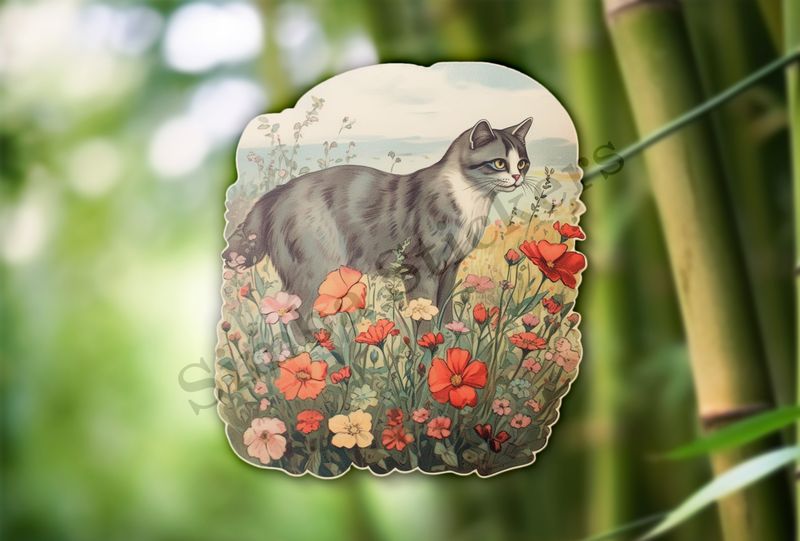 Vintage cat in flower field