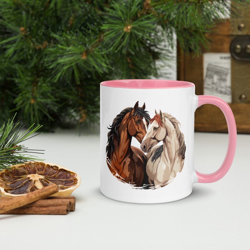 White Ceramic Mug with Color Inside, 11&amp;15oz, Horses nose-to-nose, jbgjpy