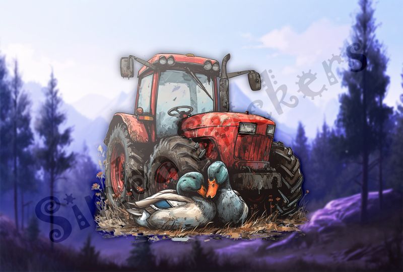 Ducks cuddling in front of farmer&#x27;s red tractor