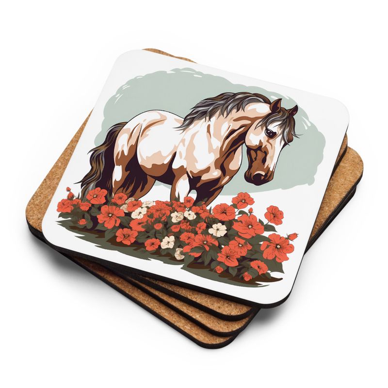 Cork-Back Coaster, Brown horse in field of red flowers, n4w2fj