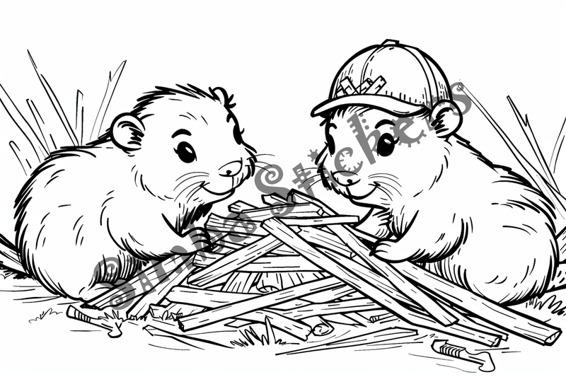 Colouring pages, bundle of beavers building beaver dam, 10 images