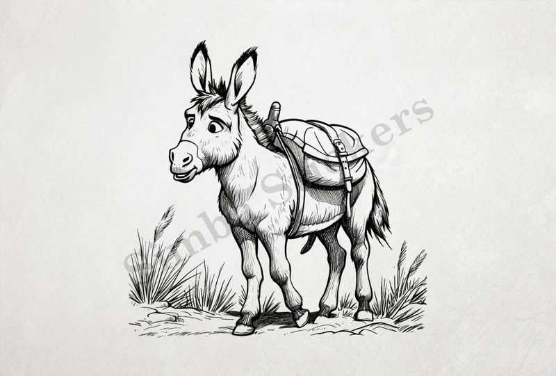 Small donkey carrying packaging, outline art