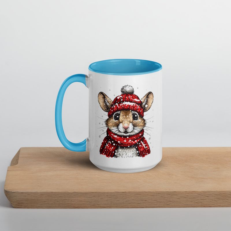 White Ceramic Mug with Color Inside, 11&amp;15oz, Mouse wearing red winter hat and scarf in snow, xg8dl3
