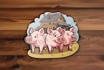 Three pigs in front of a wooden house