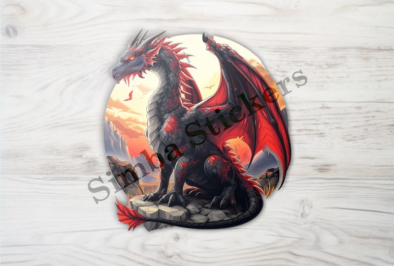 Black and red dragon perching on a high rock in the sunset