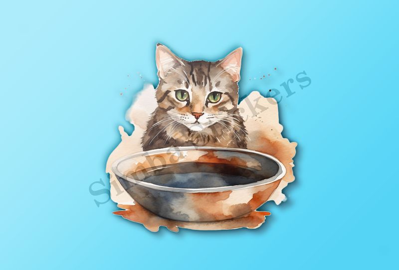 Cat behind bowl, watercolour
