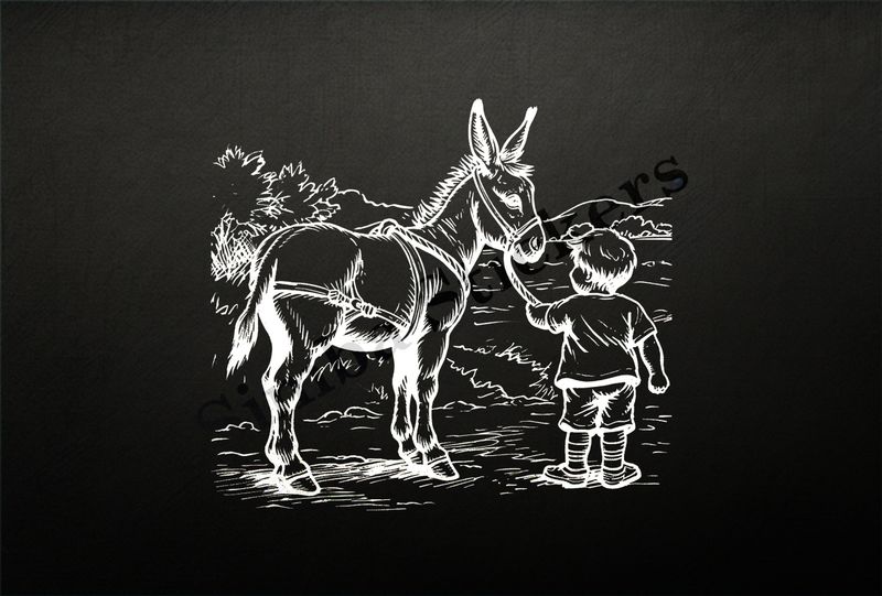 Donkey led on a rope by a small boy out in the open, outline art