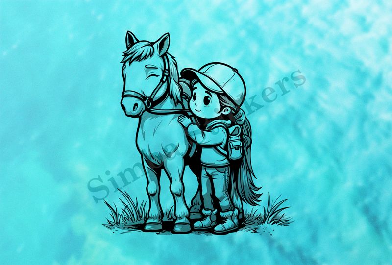 Horse being ridden by a small girl in a baseball cap, outline art