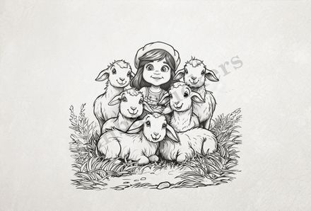 Small girl in small flock of goat kids, outline art