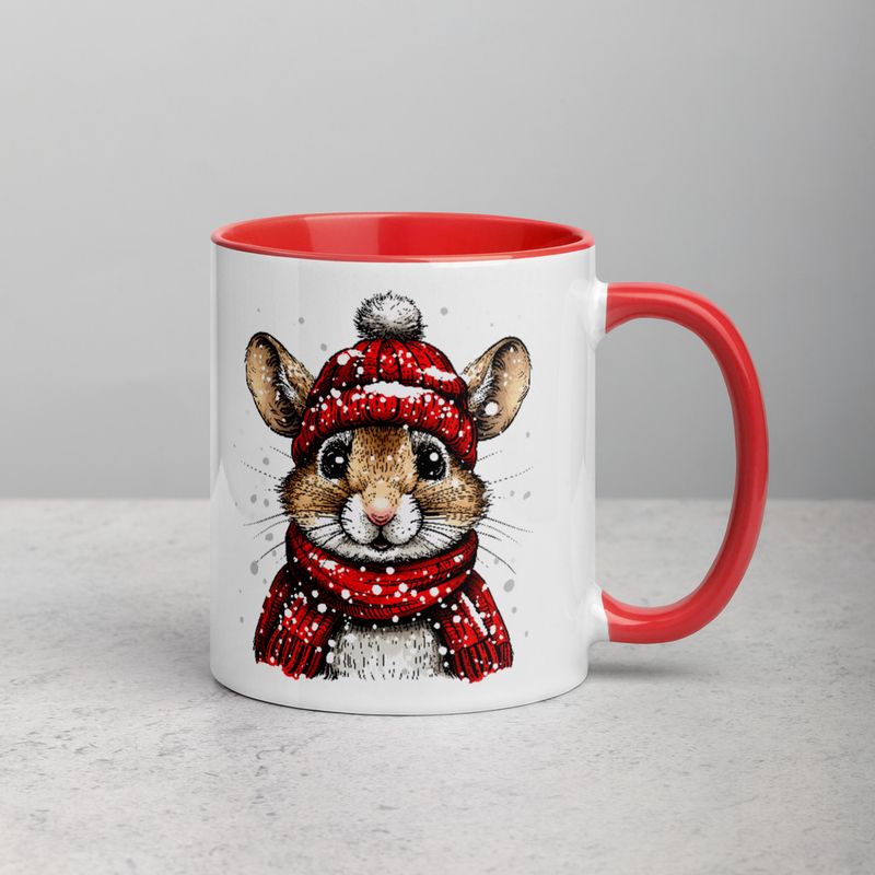 White Ceramic Mug with Color Inside, 11&amp;15oz, Mouse wearing red winter hat and scarf in snow, xg8dl3