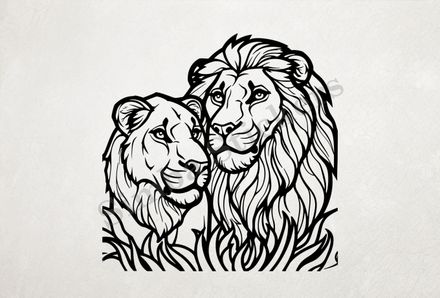 Lion with lioness, romantic, outline art