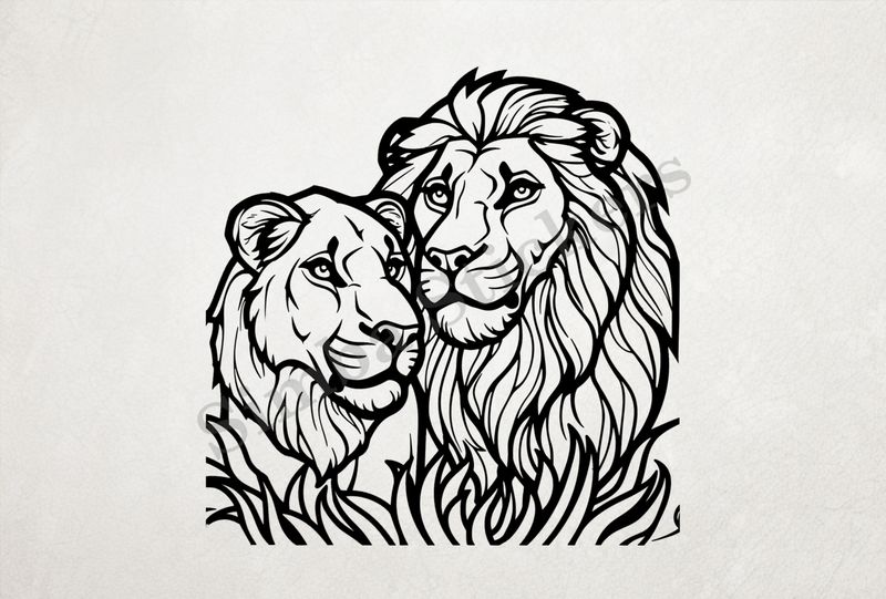 Lion with lioness, romantic, outline art