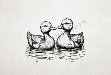 Ducks beak-to-beak in a pond, outline art