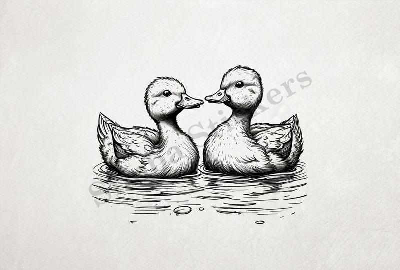 Ducks beak-to-beak in a pond, outline art