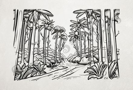 Equatorial Rainforest landscape, flowing river, outline art