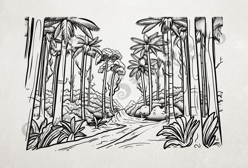 Equatorial Rainforest landscape, flowing river, outline art