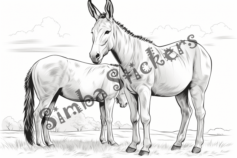 Colouring pages, bundle of donkeys with children, 25 images 2