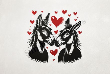 Donkeys in love, nose-to-nose,  red hearts, outline art