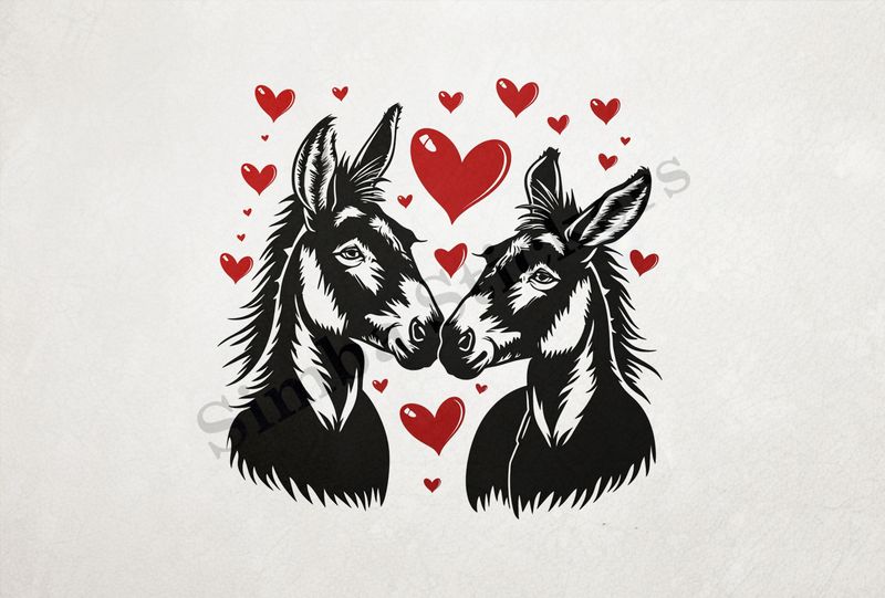 Donkeys in love, nose-to-nose,  red hearts, outline art