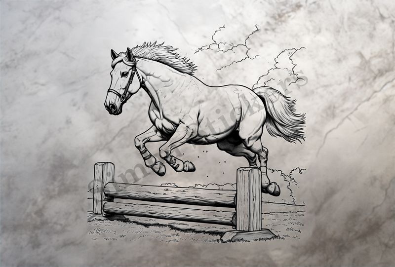 Horse jumping over an obstacle, outline art