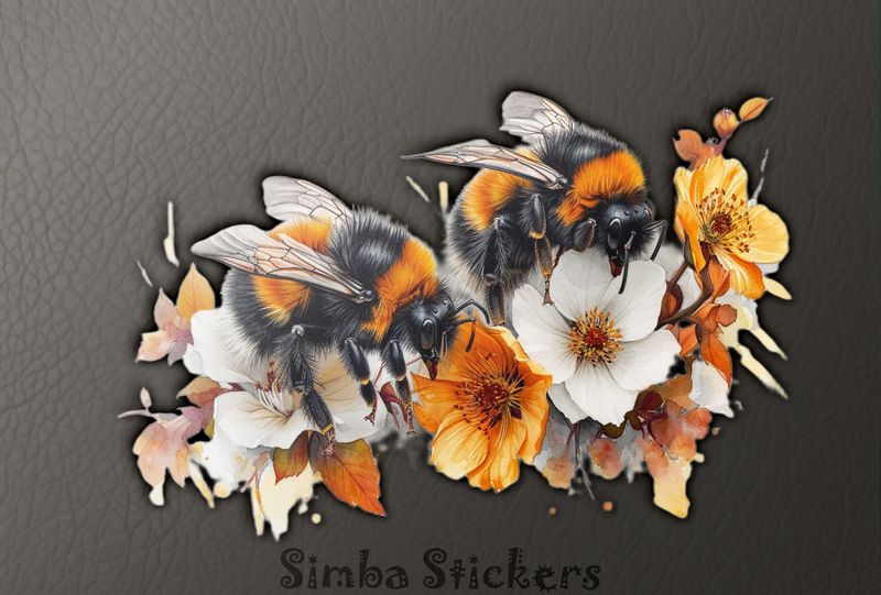 Bees over multi-coloured flowers, watercolour