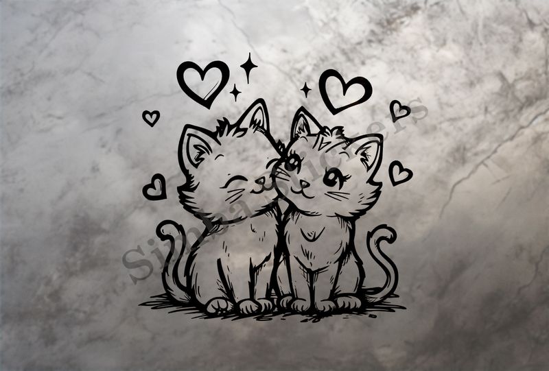 Cat kittens cheek-to-cheek, romantic, outline art