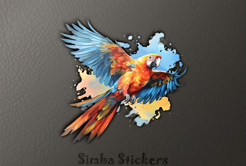 Parrot with yellow and blue background, wings outspread, watercolour, 6317of