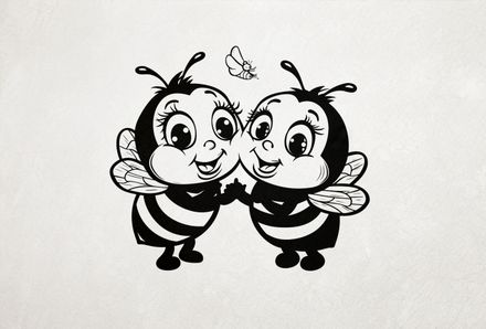 Bees holding hands and smiling, outline art