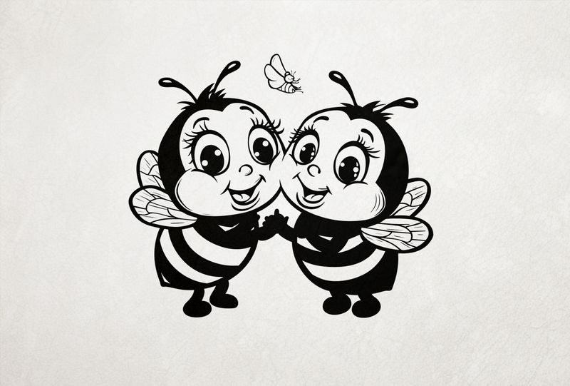 Bees holding hands and smiling, outline art