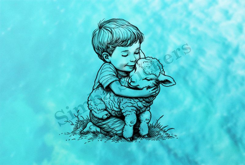 Sheep lamb hugged by a small boy , outline art