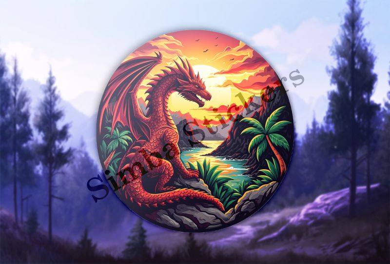 Red dragon, sun in background, in tropical surroundings
