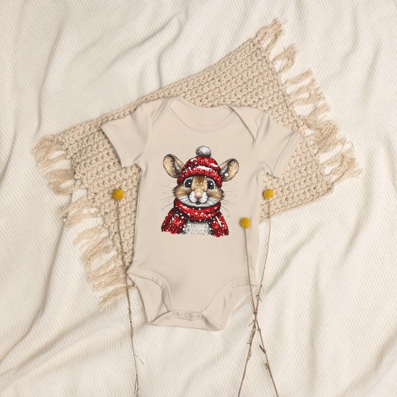 Organic Cotton Baby Bodysuit, 3-18 months, Mouse wearing red winter hat and scarf in the snow,xg8dl3