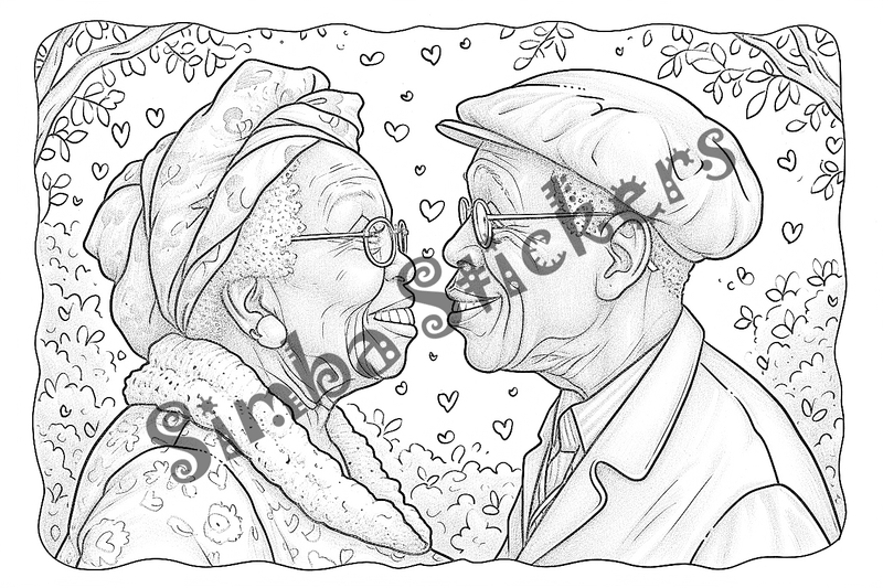Colouring pages, bundle of people, grandparents in love at picnic, 25 images